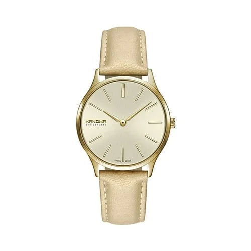 Hanowa Swiss Made Analog Damenuhr - Geschenk für Damen - Gold Uhr - Damenuhr Güngstig Preis - Leder Armband Gold Farbe Damenuhr