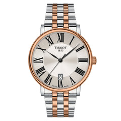 Tissot Carson Premium Gent Herrenarmbanduhr mit Edelstahlarmband und Weiss Zifferblatt. Mit seinem Silber und Rosegold Farbe Armband sieht es sehr stilvoll aus