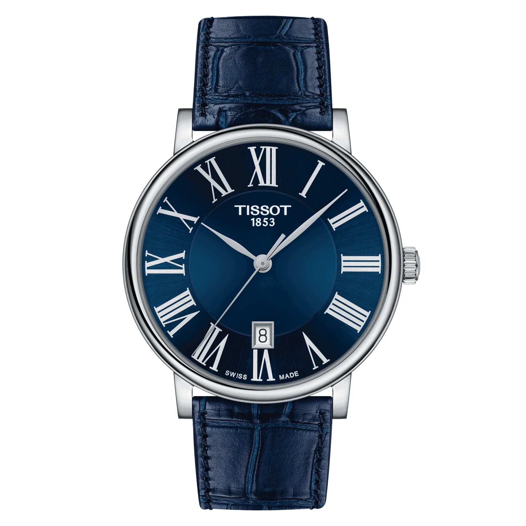 Tissot Carson Premium Quartz Gent Herrenarmbanduhr mit Lederarmband und Blau Zifferblatt. Mit seinem Blau farbe Armband sieht es sehr stilvoll aus