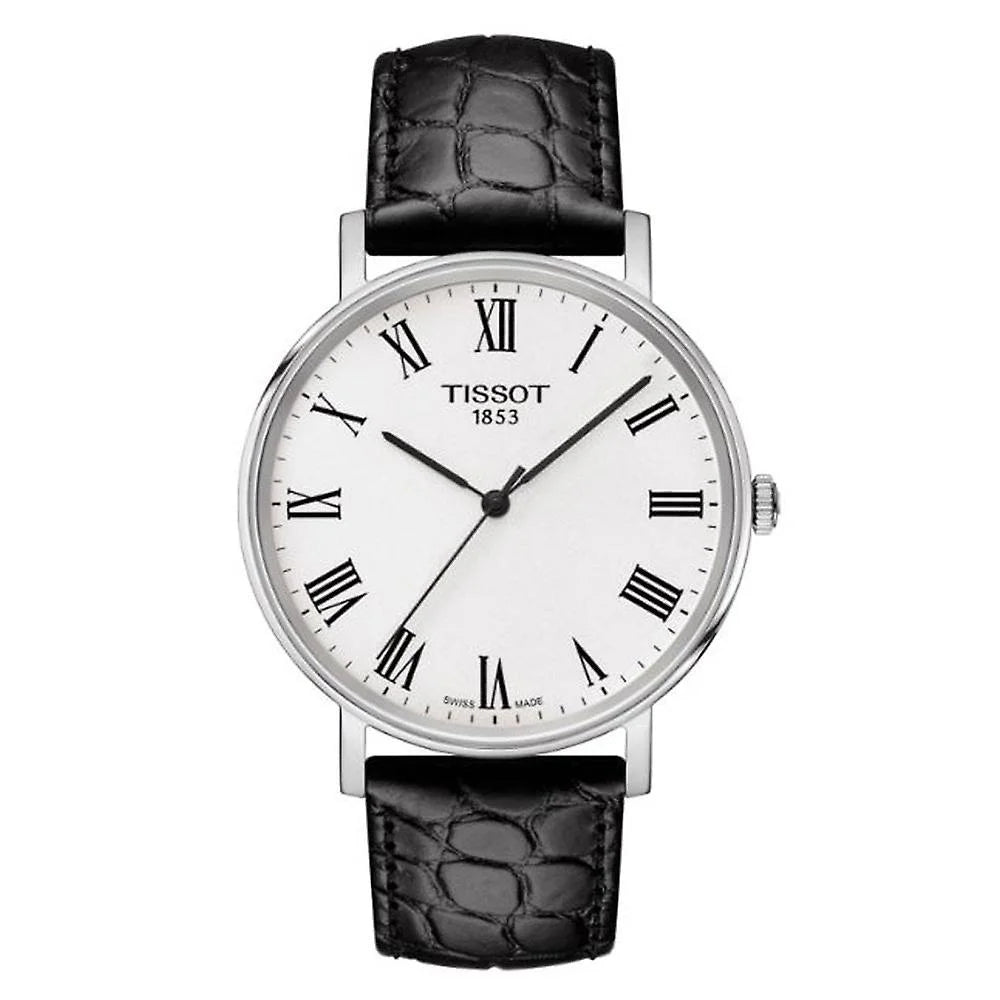 Tissot Everytime Gent Herrenarmbanduhr mit Lederarmband und Weiss Zifferblatt. Mit seinem Schwarz farbe Armband sieht es sehr stilvoll aus