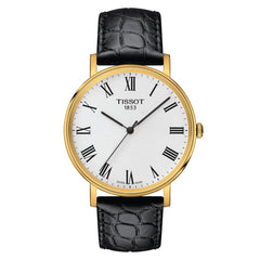 Tissot Everytime Gold Herrenarmbanduhr mit Lederarmband und Weiss Zifferblatt. Mit seinem Schwarz farbe Armband sieht es sehr stilvoll aus