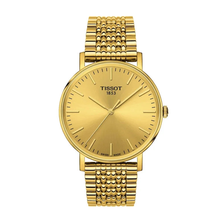 Tissot Everytime Medium Herrenarmbanduhr mit Edelstahlarmband und Gold Farbe Zifferblatt. Mit seinem Gold farbe Armband sieht es sehr stilvoll aus.