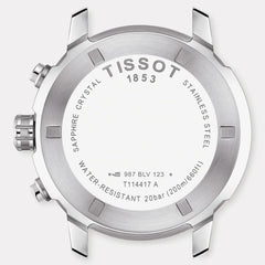 Tissot PRC 200 Chronograph Herrenarmbanduhr mit Datums, Tachymeterund Stoppuhrfunktion mit Silber Farbe Armband mit Schwarz Zifferblatt. Kostenloser Versand.