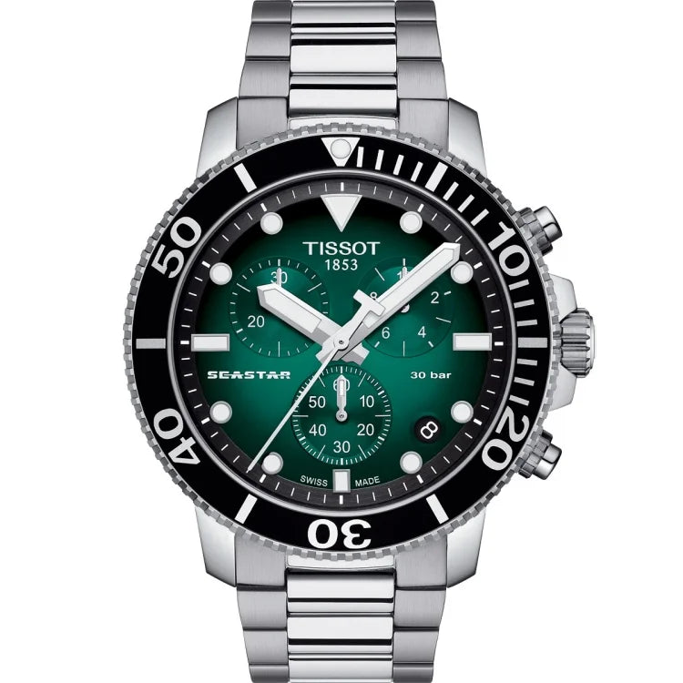 Tissot Seastar 1000 Chronograph Herrenarmbanduhr mit Edelstahl Armband und Grün Zifferblatt. Mit seinem Silber Farbe Armband sieht es sehr stilvoll aus.