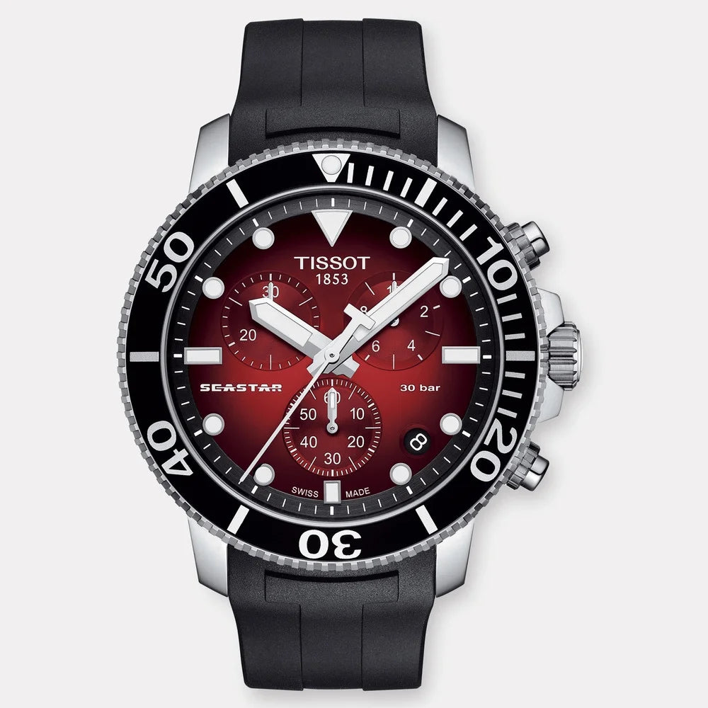Tissot Seastar 1000 Chronograph Herrenarmbanduhr mit Silikon Armband und Rot Zifferblatt. Mit seinem Schwarz Farbe Armband sieht es sehr stilvoll aus.
