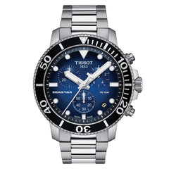 Tissot Seastar 1000 Chronograph Herrenarmbanduhr mit Edelstahl Armband und Blau Zifferblatt. Mit seinem Silber Farbe Armband sieht es sehr stilvoll aus.