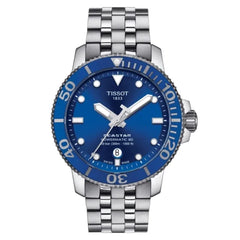 Tissot Seastar 1000 Powermatic 80 Herrenarmbanduhr mit Edelstahlarmband und Blau Zifferblatt. Mit seinem Silber Farbe Armband sieht es sehr stilvoll aus