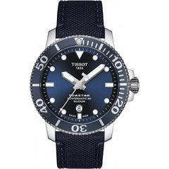 Tissot Seastar 1000 Powermatic 80 Silicium Herrenarmbanduhr mit Textil-Armband und Blau Zifferblatt. Mit seinem Blau Farbe Armband sieht es sehr stilvoll aus.