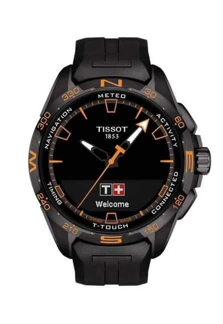 Tissot T-Touch Connect Solar schwarz Herrenuhr ist eine sehr funktionale Uhr mit 15 Funktionen. eine stilvolle Uhr mit einem schwarz-orangen Thema.