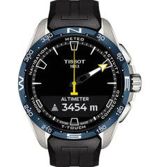 Tissot T-Touch Connect Solar schware Herrenuhr ist eine Uhr mit 15 Funktion. Es hat ein stilvolles Design mit einem silber Gehäuse und ein schwarz Zifferblatt.