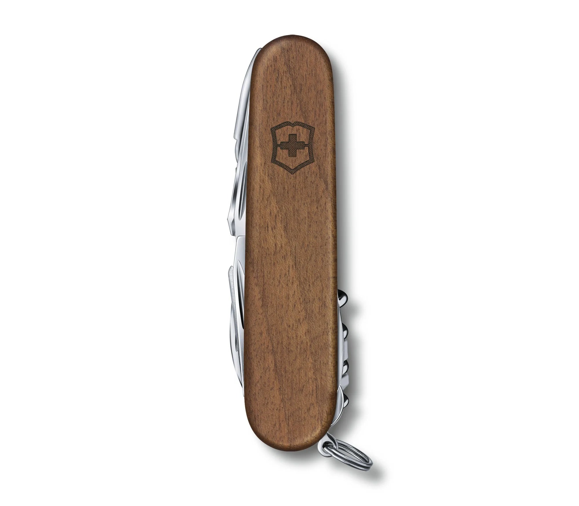 Victorinox Swiss Champ Wood-Serie ist ein anderes Modell des klassischen Schweizer Taschenmessers mit Walnussholzgriff. Es ist für den täglichen Gebrauch.